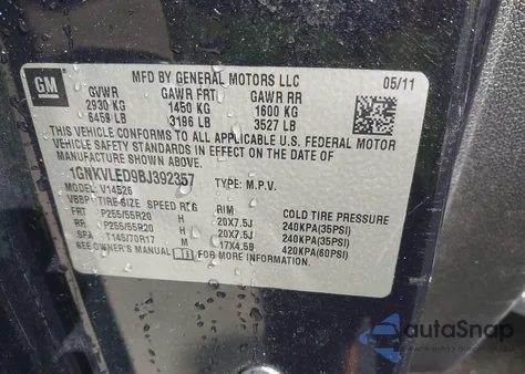 2011 Chevrolet Traverse Ltz from USA, damaged, VIN 1GNKVLED9BJ392357